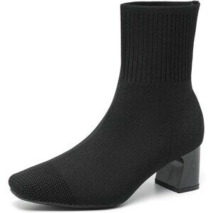 Women's Black Dressy Comfy Knit Sock Square Toe Chunky Heel Slip On Booties